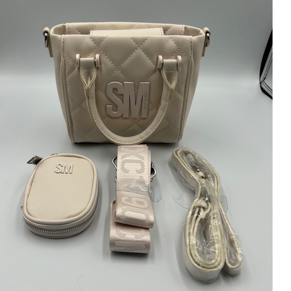 Steve Madden Handbags - Steve Madden Cream Quilted Mini Tote Bag with Pouch and Two Straps SM Logo